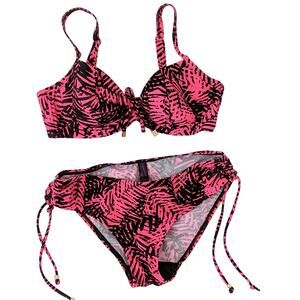 FIG LEAVES Womens Swimwear Swimsuit Bikini Size 8 34C Pink Leaves Tropical Print